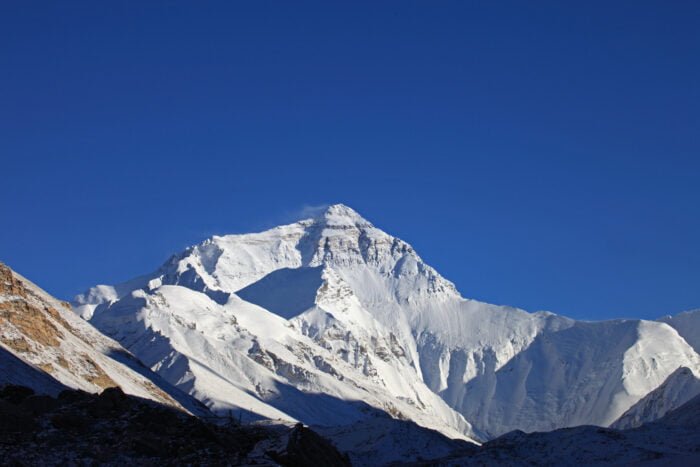 Mount Everest in Tibet against a clear sky