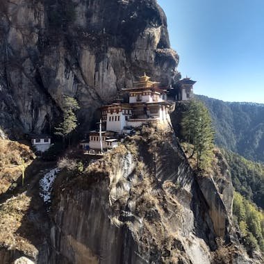 The Tiger's Nest Monastery perched on a cliffside in Bhutan