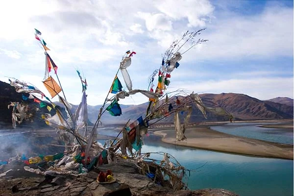 Yamdrok Lake in Tibet - with Prayer Flags