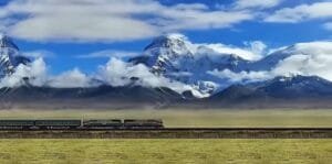 Tibet Train on the mountain foot