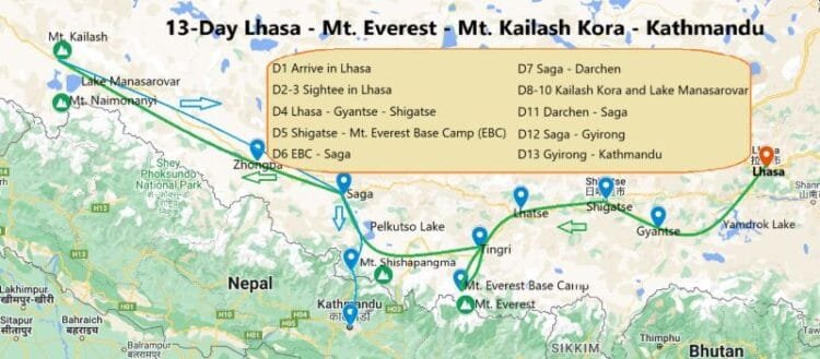 13-Day Lhasa - Kailash Kora - Kathmandu Tour Map