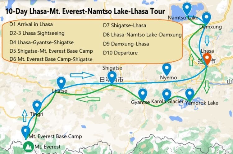 tour map of 10-day Lhasa, Mt. Everest and Namtso Lake tour