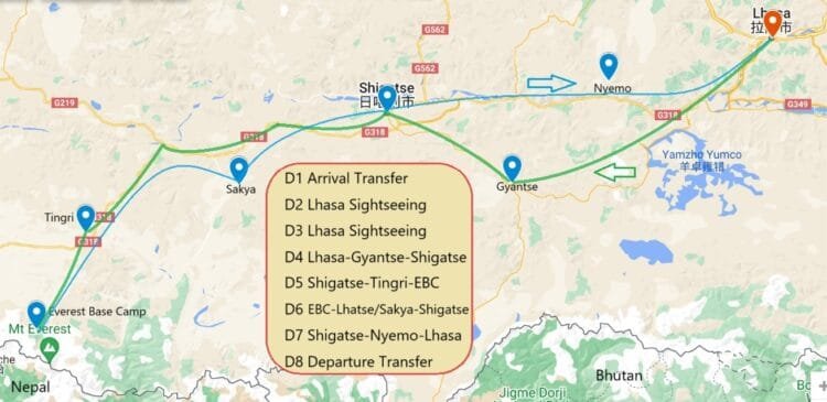 Tibet 8-Day Everest Tour Map